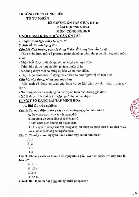 Đề cương ôn tập Giữa kì 2 Công nghệ 8 năm 2023–2024 trường THCS Long Biên (Hà Nội)
